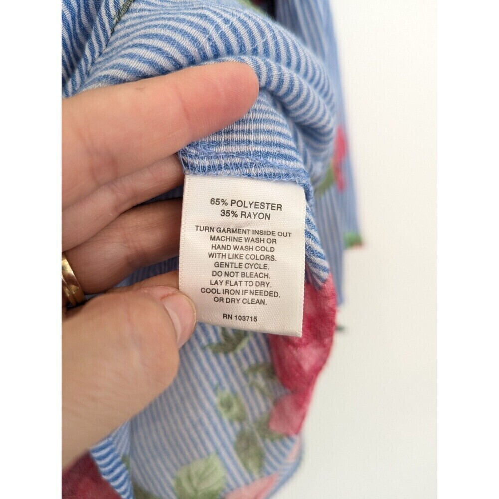 Valerie Stevens Blouse Womens Size L Blue Floral Striped Flowy Boho Hippie Top - Picture 7 of 9